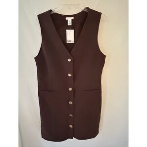 H&M Women Dark Brown Longline Button Front Vest Waistcoat Gold Button Size M NEW